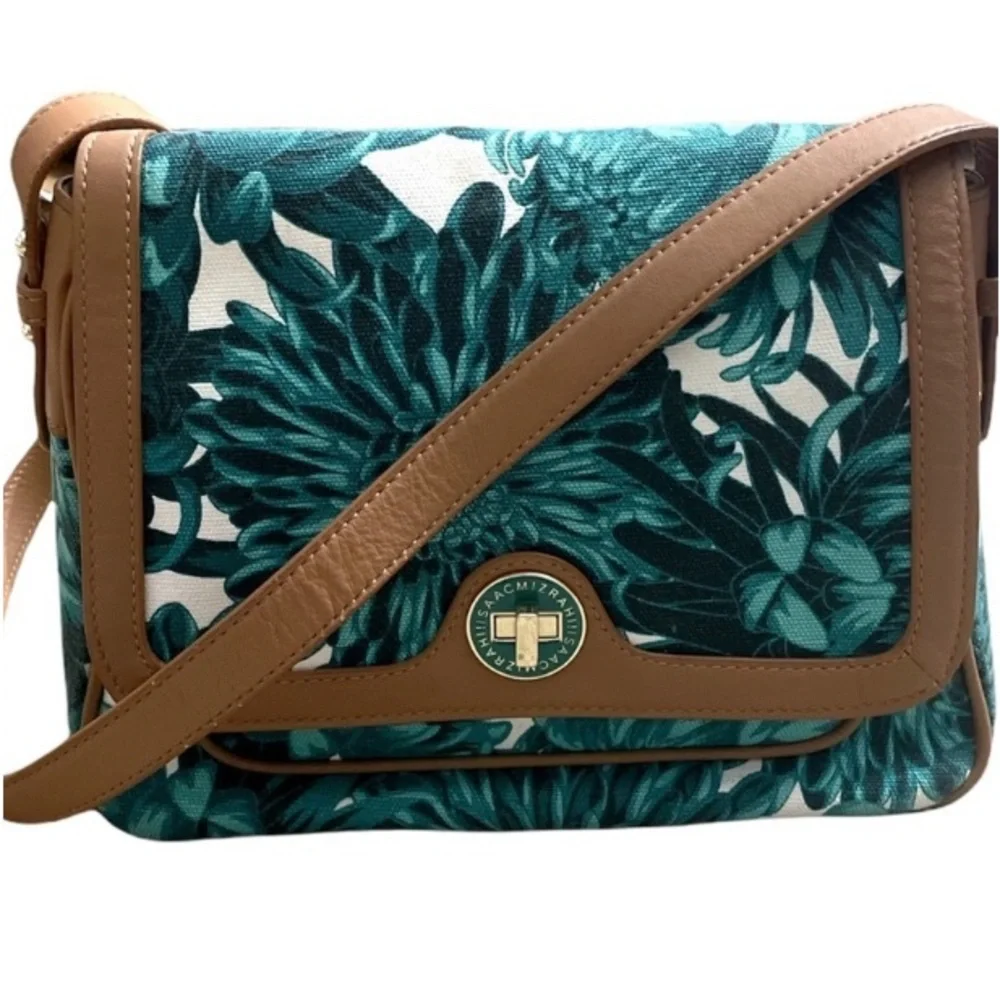 Isaac Mizrahi teal floral print crossbody, with Carmel trim - Picture 2 of 15